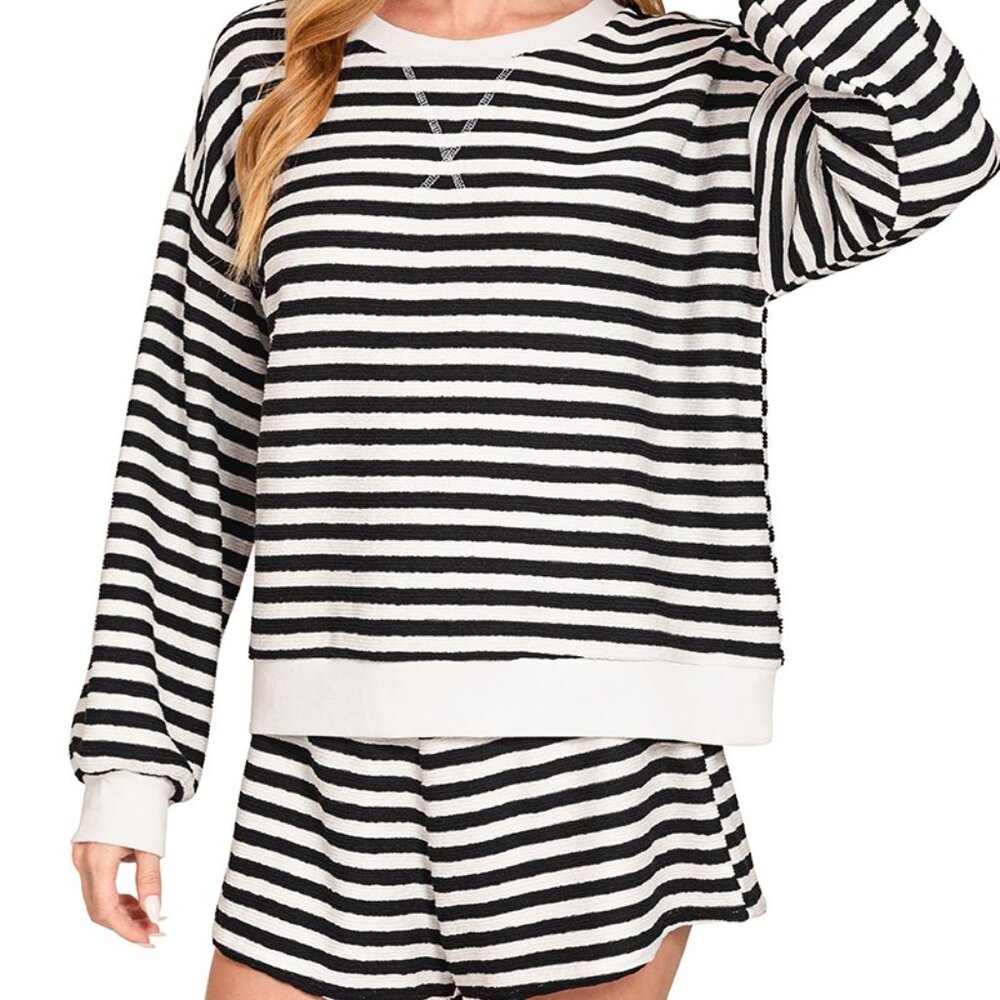 Zenana Striped Long Sleeve Top and Shorts Set - Picture 1 of 2